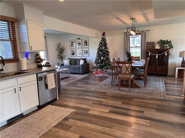 dining area featuring dark wood-type flooring and sink