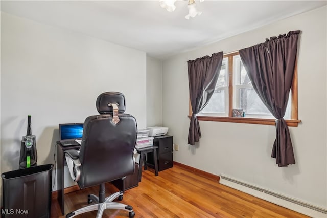 office featuring baseboard heating and light hardwood / wood-style flooring