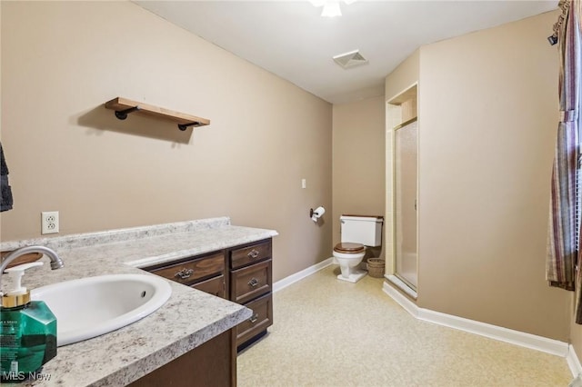 bathroom featuring visible vents, a shower stall, vanity, and baseboards