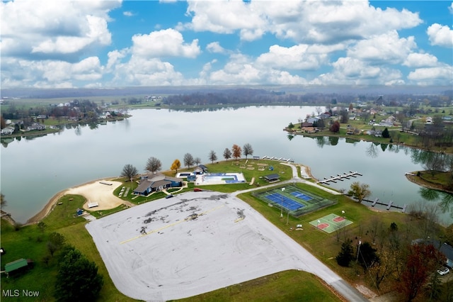 drone / aerial view with a water view