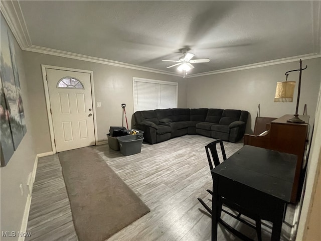 living room featuring hardwood / wood-style flooring, ceiling fan, ornamental molding, and a textured ceiling