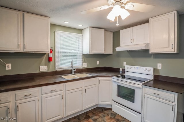 kitchen with white range with electric stovetop, white cabinetry, and sink