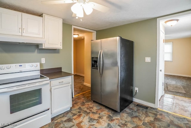 kitchen featuring a textured ceiling, white range with electric stovetop, ceiling fan, stainless steel fridge with ice dispenser, and white cabinetry