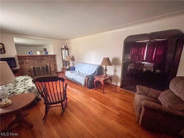 living room featuring a stone fireplace and wood-type flooring