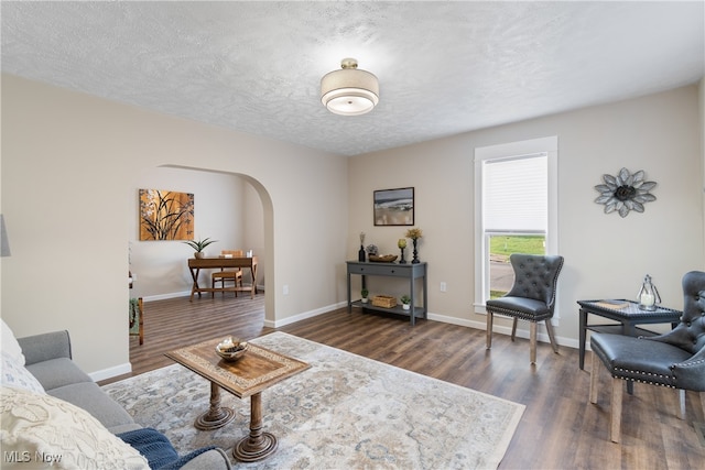 living room featuring dark hardwood / wood-style flooring and a textured ceiling