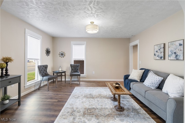 living room featuring dark hardwood / wood-style flooring and a textured ceiling