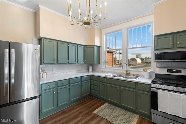 kitchen with sink, dark hardwood / wood-style floors, ornamental molding, decorative light fixtures, and stainless steel appliances