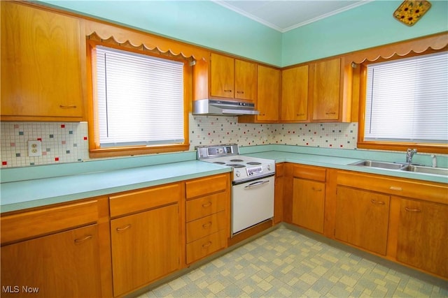 kitchen with sink, backsplash, ornamental molding, and white electric range oven