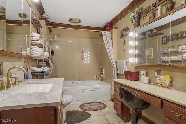 full bathroom with vanity, tile patterned floors, crown molding, toilet, and shower / tub combo