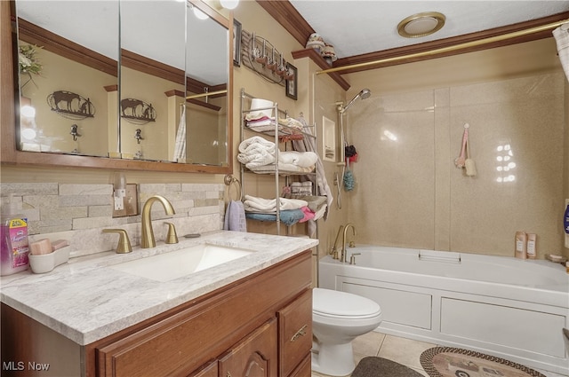 full bathroom featuring backsplash, tile patterned floors, ornamental molding, bathtub / shower combination, and vanity