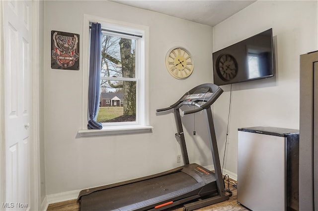 workout room featuring light hardwood / wood-style flooring