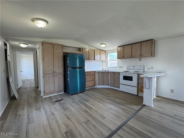 kitchen featuring lofted ceiling, light hardwood / wood-style floors, black fridge, and white electric range