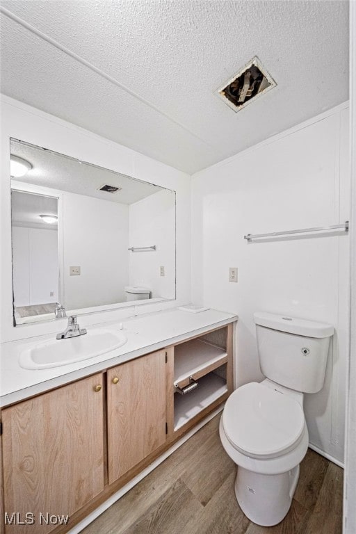 bathroom with vanity, wood-type flooring, and a textured ceiling