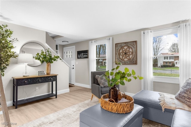 living area with light hardwood / wood-style flooring