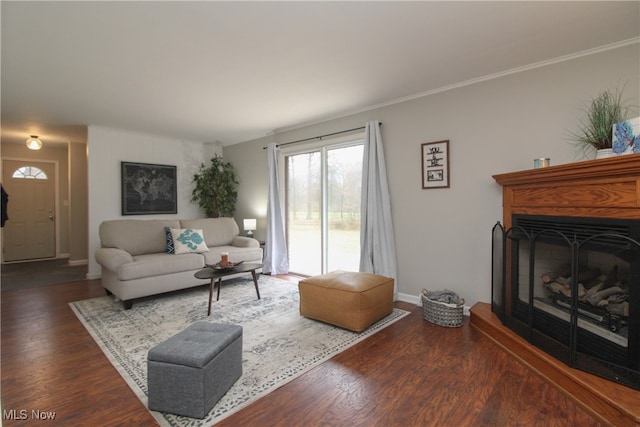 living room with dark hardwood / wood-style flooring