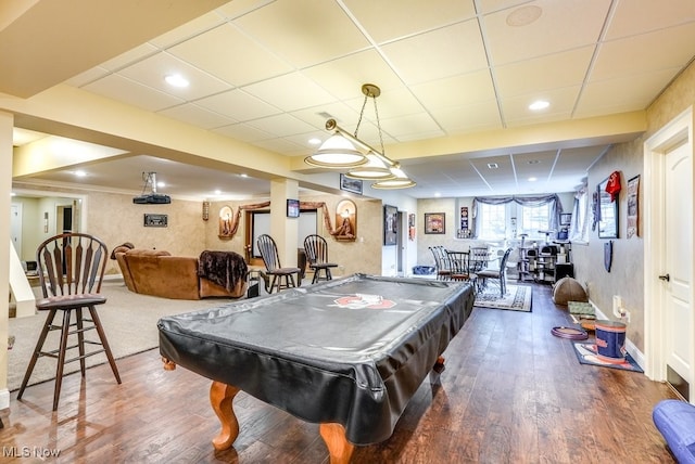 rec room featuring a drop ceiling, dark wood-type flooring, and billiards