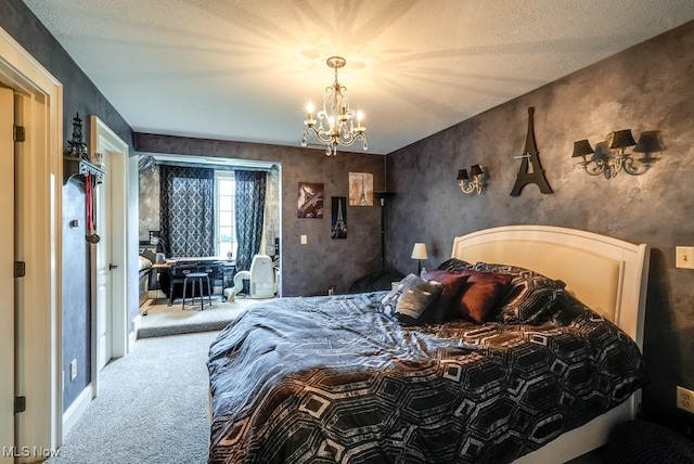 bedroom with carpet floors, a textured ceiling, and an inviting chandelier