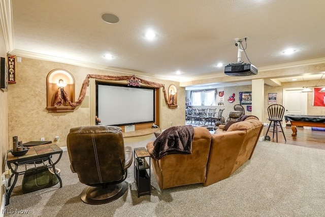 cinema room with carpet floors, ornamental molding, and billiards