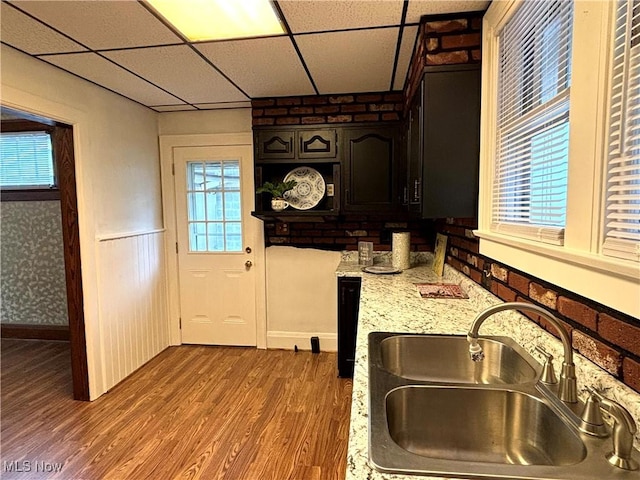 kitchen featuring wood-type flooring, sink, light stone counters, dark brown cabinets, and a drop ceiling