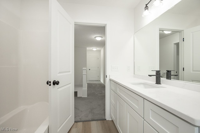 bathroom with hardwood / wood-style flooring and vanity