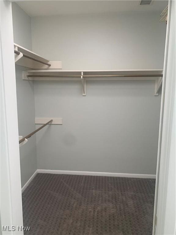 walk in closet with dark colored carpet