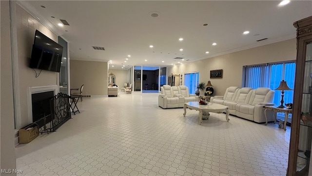 living room with ornamental molding