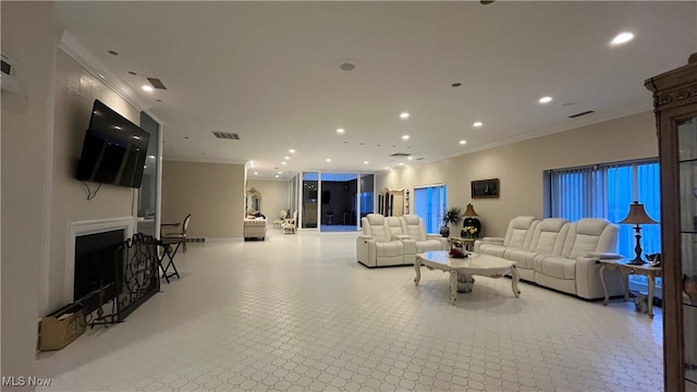 living room featuring ornamental molding