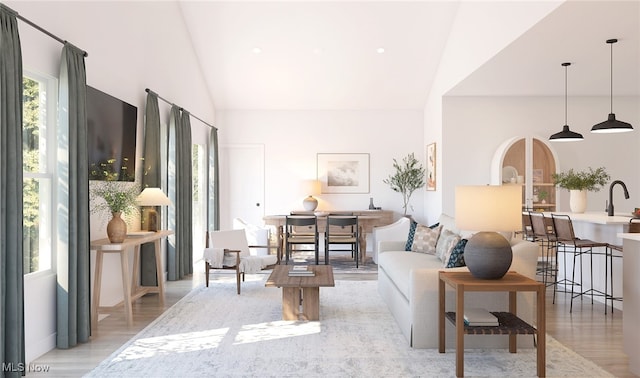 living room featuring light hardwood / wood-style flooring and lofted ceiling