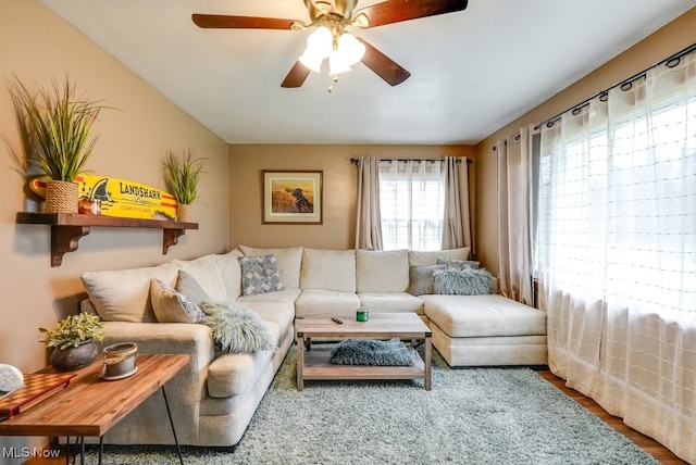 living room featuring ceiling fan and wood-type flooring