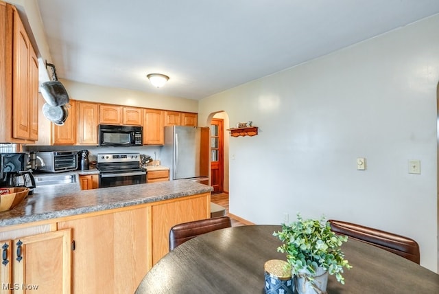 kitchen featuring light wood-type flooring, kitchen peninsula, and stainless steel appliances