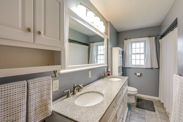 bathroom featuring tile patterned floors, vanity, and toilet