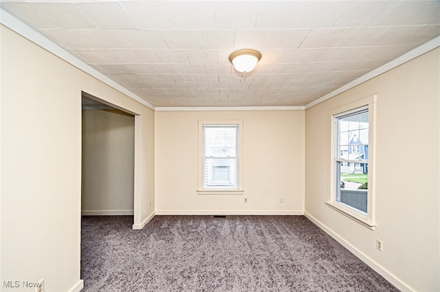 carpeted spare room with a wealth of natural light and crown molding