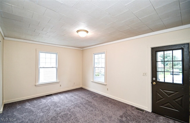 entrance foyer with a wealth of natural light, crown molding, and dark colored carpet