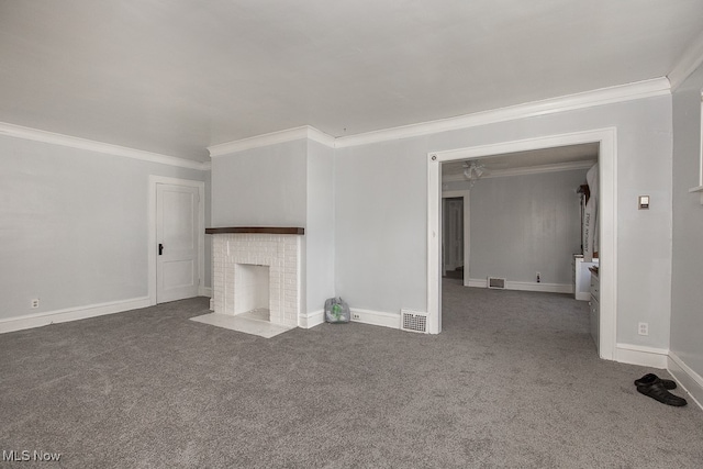 unfurnished living room featuring a fireplace, carpet floors, and ornamental molding