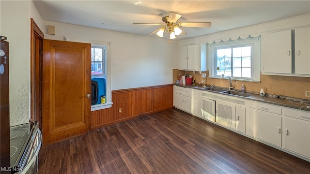 kitchen with stainless steel range, sink, dark hardwood / wood-style floors, decorative backsplash, and white cabinets