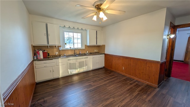 kitchen with white cabinetry, sink, and dark wood-type flooring