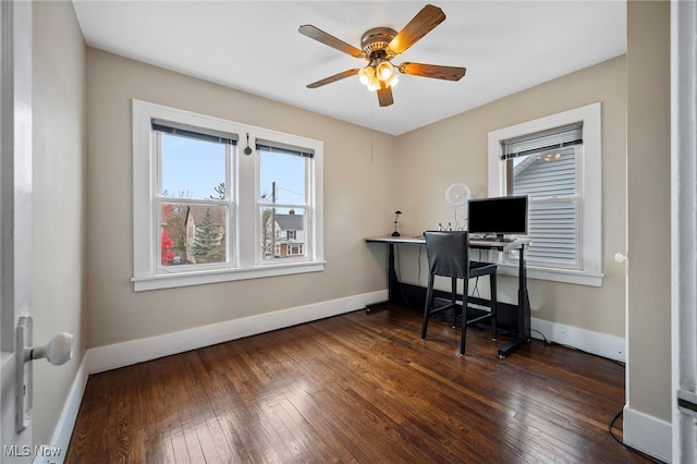 home office featuring ceiling fan and dark wood-type flooring