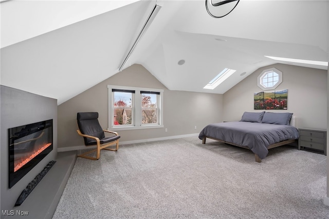 bedroom with carpet flooring and lofted ceiling