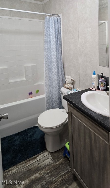 full bathroom with toilet, vanity, shower / bath combo, and hardwood / wood-style flooring