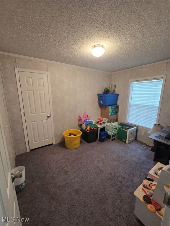 playroom with dark carpet and a textured ceiling