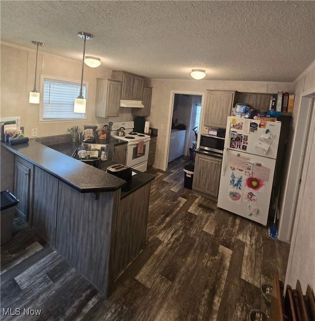 kitchen featuring kitchen peninsula, white appliances, a textured ceiling, dark wood-type flooring, and pendant lighting