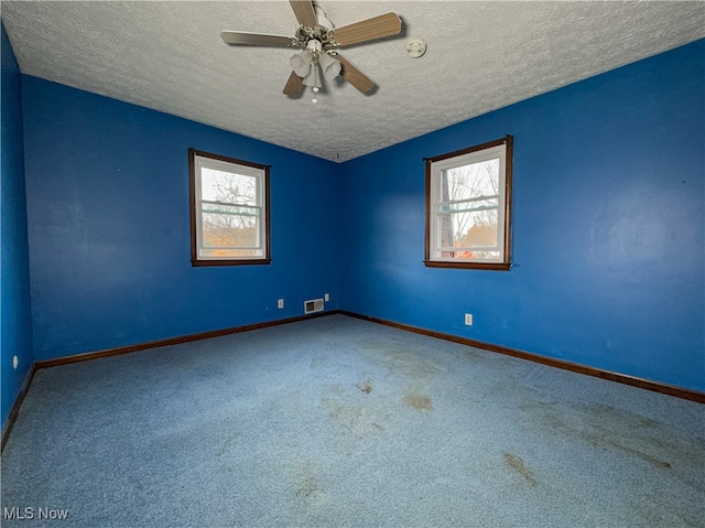 unfurnished room featuring ceiling fan, plenty of natural light, carpet, and a textured ceiling