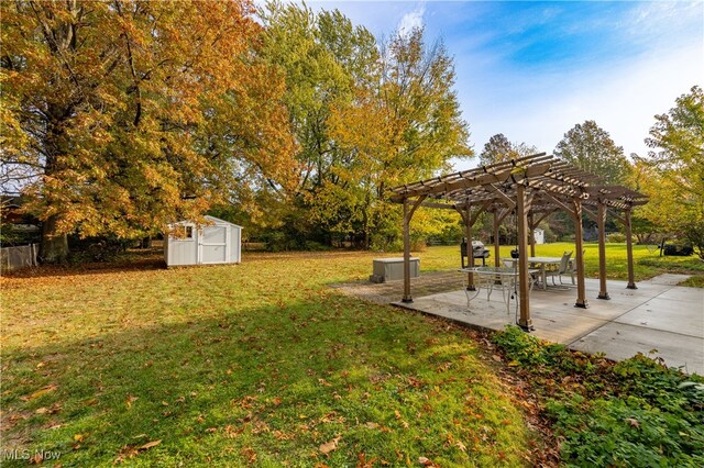 view of yard featuring a storage unit, a patio area, and a pergola