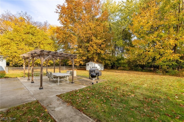 view of yard featuring a shed, a pergola, and a patio