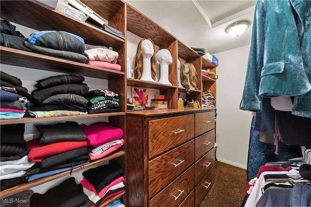 spacious closet featuring dark colored carpet