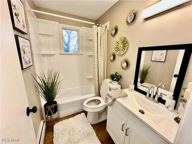 full bathroom featuring a wall mounted AC, shower / bath combo, baseboard heating, and hardwood / wood-style floors