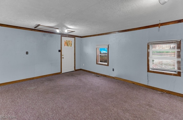 unfurnished room featuring a textured ceiling, carpet floors, and ornamental molding