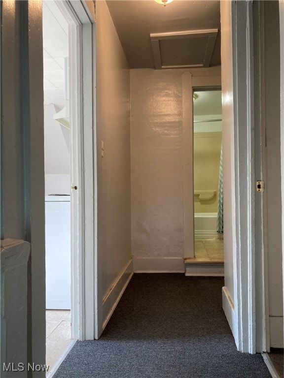 hallway with carpet flooring and washer / clothes dryer