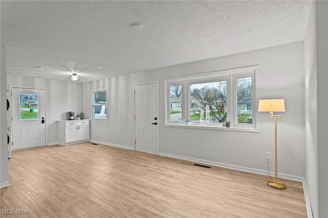 spare room featuring plenty of natural light, a textured ceiling, and light hardwood / wood-style flooring