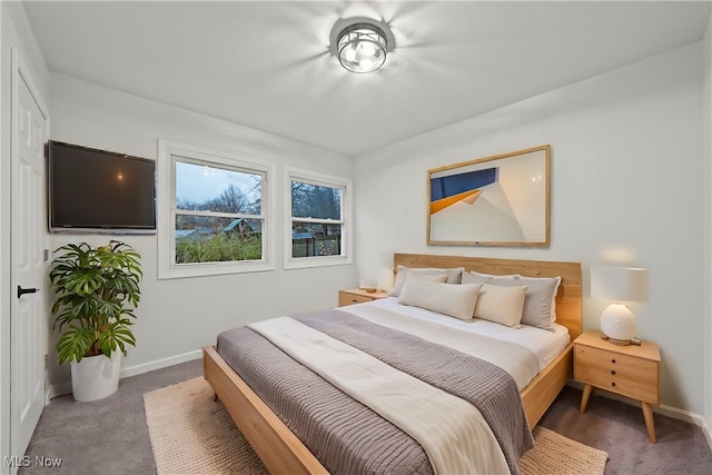 bedroom featuring dark colored carpet